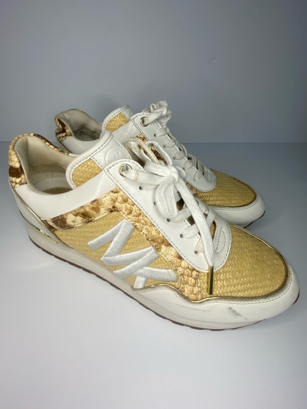 Michael Kors Beige and White Sneakers with Snakeskin and Straw Accents